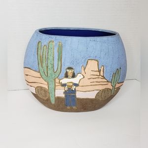 South West Desert Adobe Cactus Scene planter Handmade Ceramic Pottery 8'